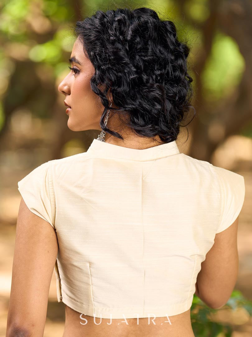 Soft Ivory Cotton Silk Collared Cap-Sleeve Blouse