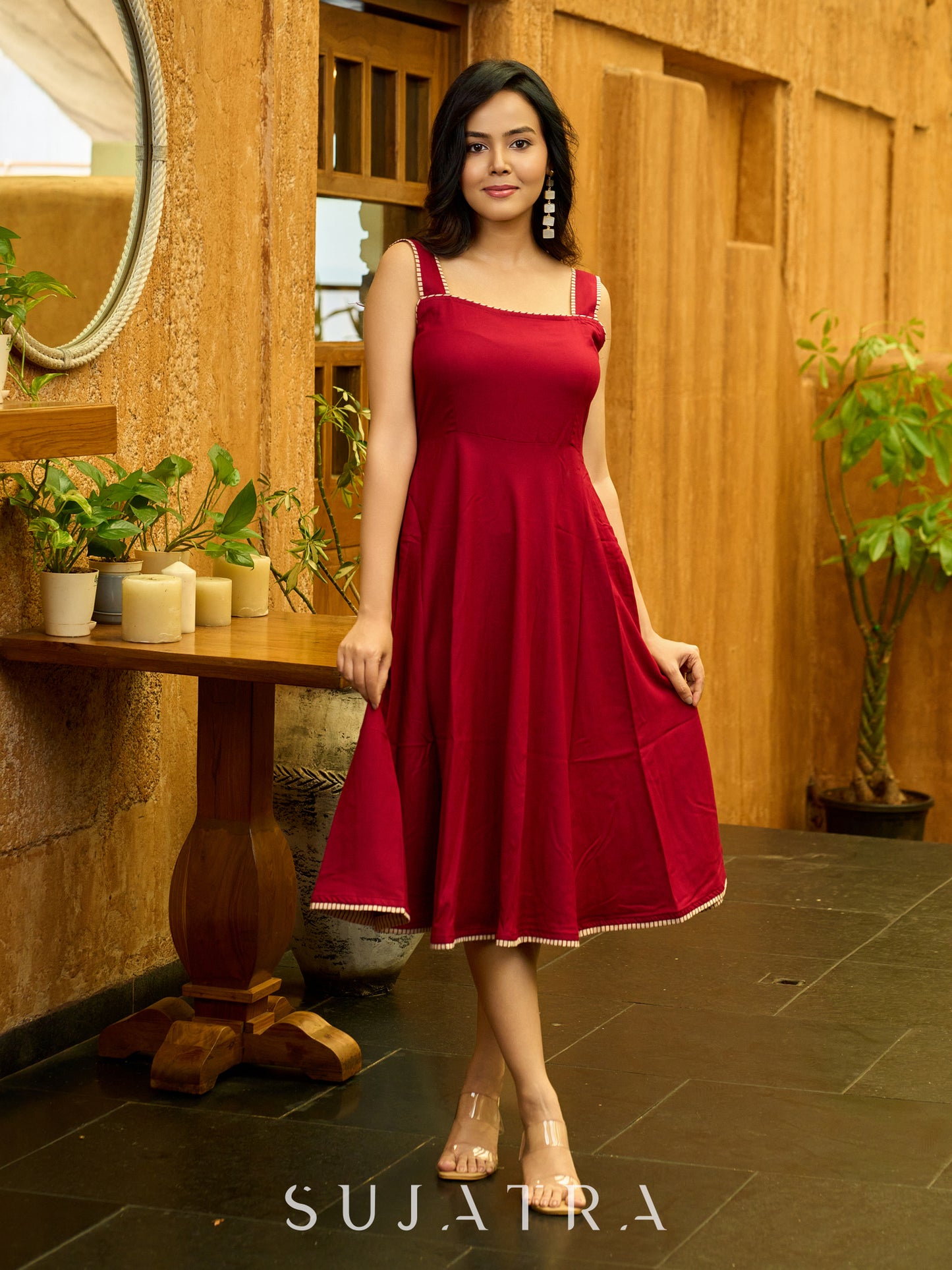 Maroon Mist Flared Rayon Dress with Contrast Ajrakh Piping