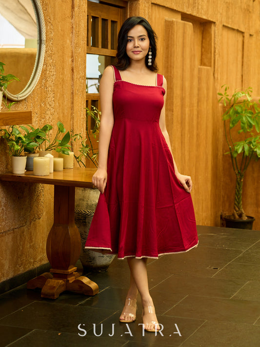 Maroon Mist Flared Rayon Dress with Contrast Ajrakh Piping