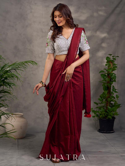Poised Dark Maroon Cotton Saree