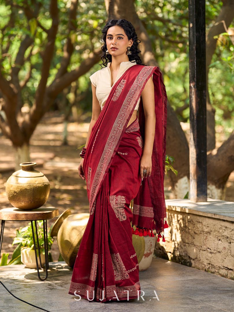 Chic Maroon Cotton Saree with Modern Abstract Hand Block Print