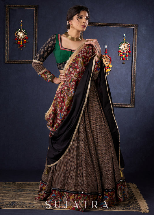Elegant Ajrakh & Kalamkari Lehenga With Matching Blouse & Dupatta. - Lehenga + Blouse + Dupatta Set