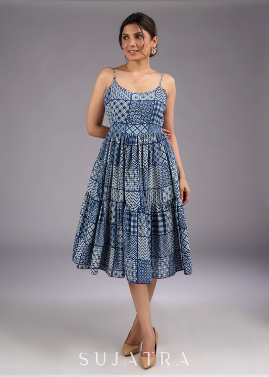 Chic indigo hand-block printed midi dress with delicate straps and a flowy tiered silhouette - Indigo Jacket Optional