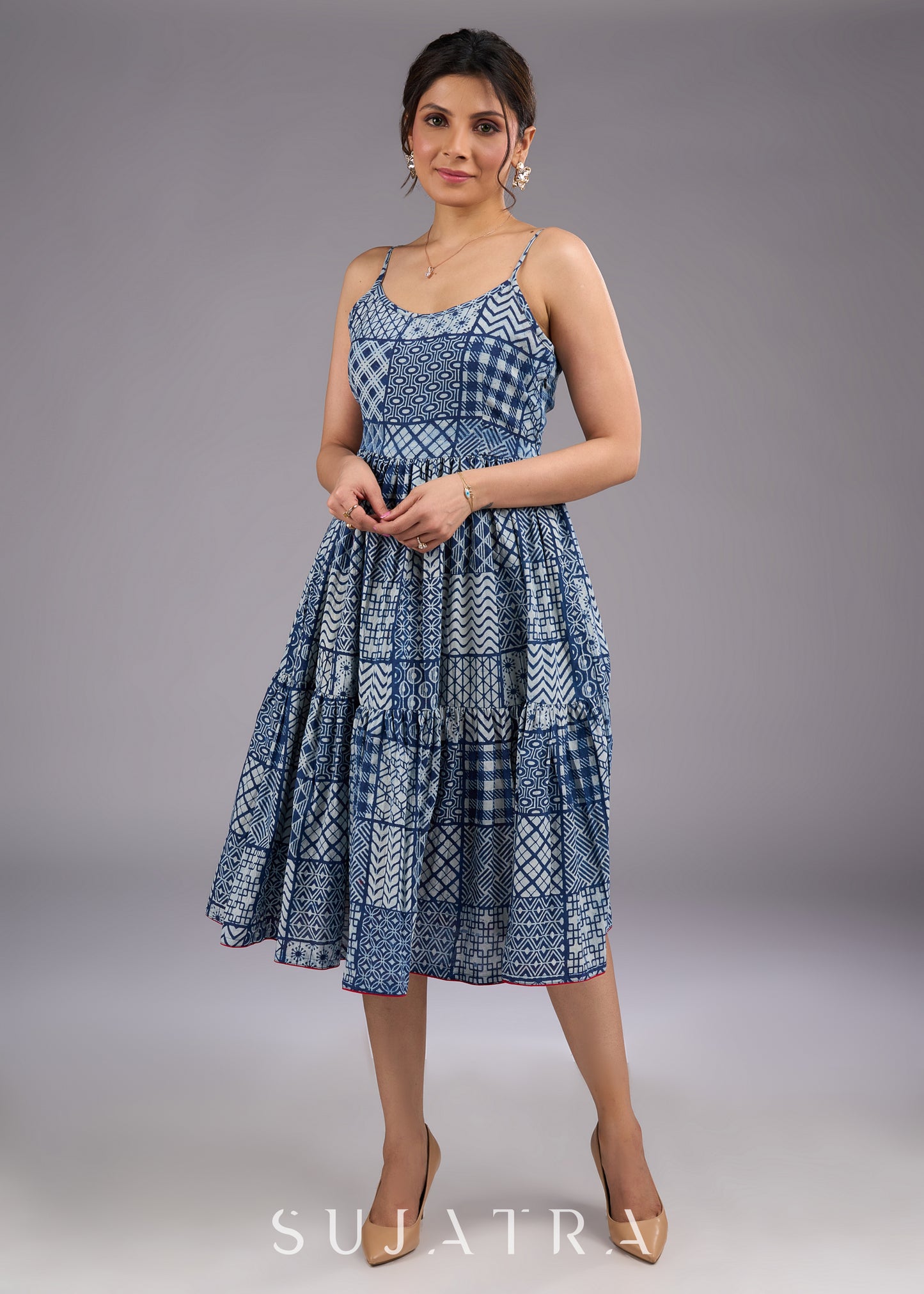 Chic indigo hand-block printed midi dress with delicate straps and a flowy tiered silhouette - Indigo Jacket Optional
