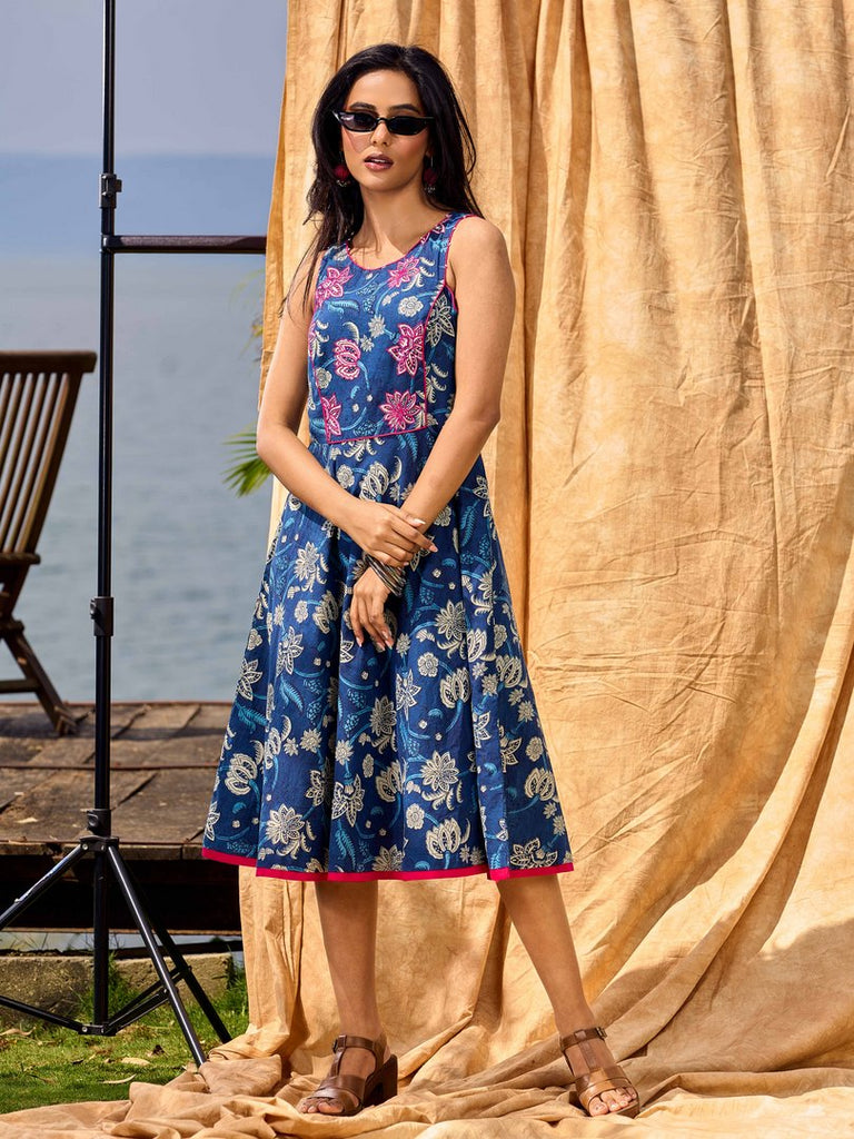 Navy Blue Indigo Cotton Dress With Pink Floral Embroidered Highlights