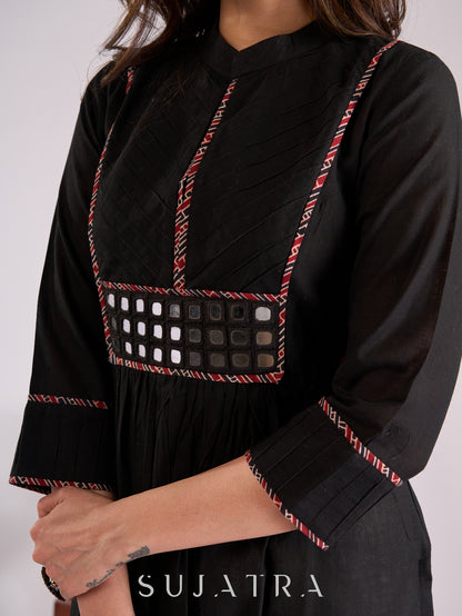 Elegant Black Cotton Gathered Kurta with Mirror Embellishments, Pleats & Ajrakh Piping on Yoke