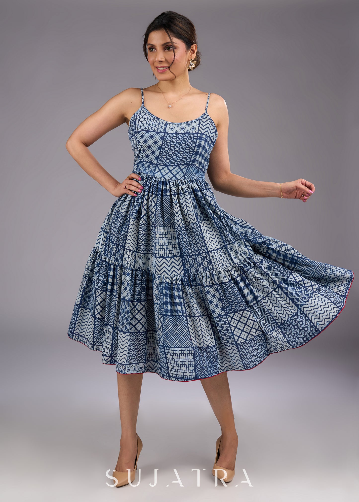 Chic indigo hand-block printed midi dress with delicate straps and a flowy tiered silhouette - Indigo Jacket Optional