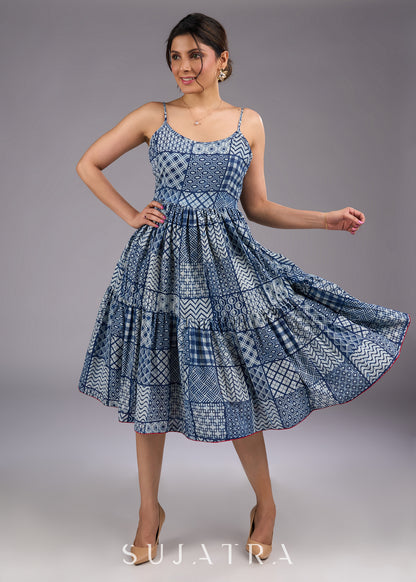 Chic indigo hand-block printed midi dress with delicate straps and a flowy tiered silhouette - Indigo Jacket Optional