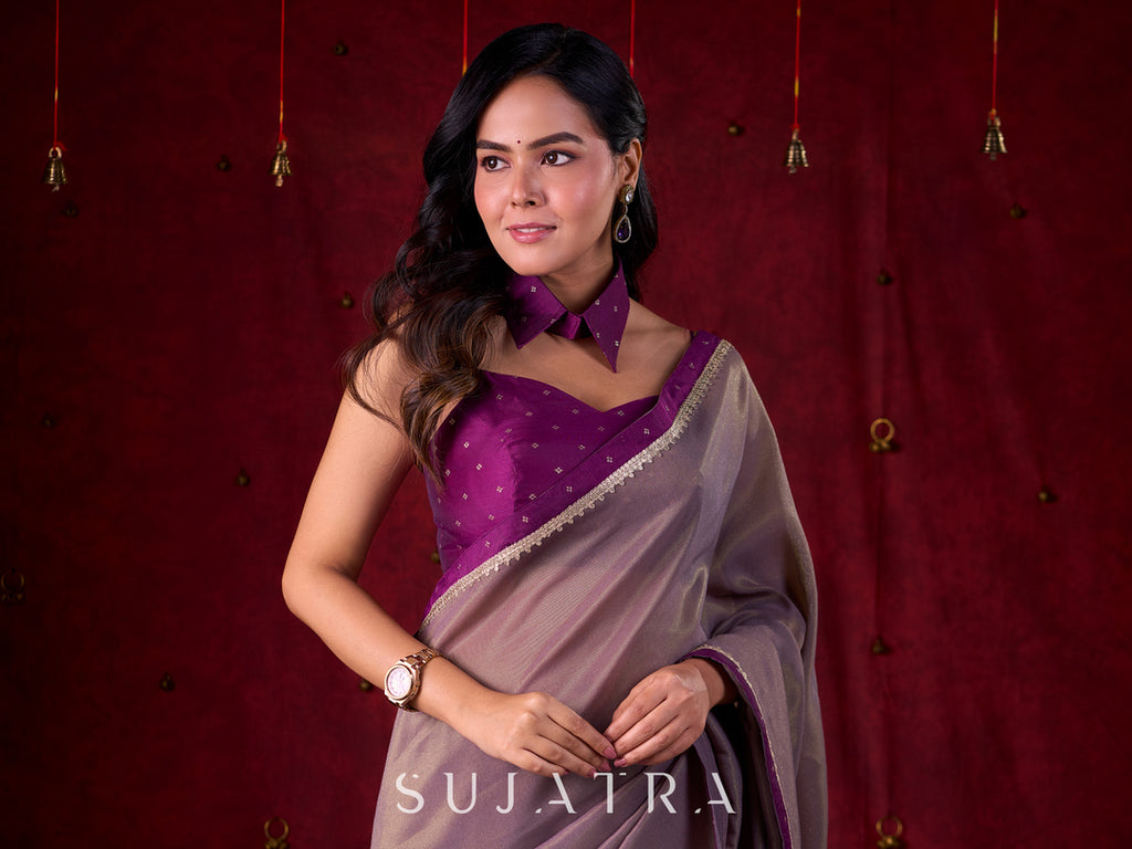 Purple Luxe Chanderi Silk Blouse with Sweetheart Neckline, Strappy Silhouette & Collar Neckpiece