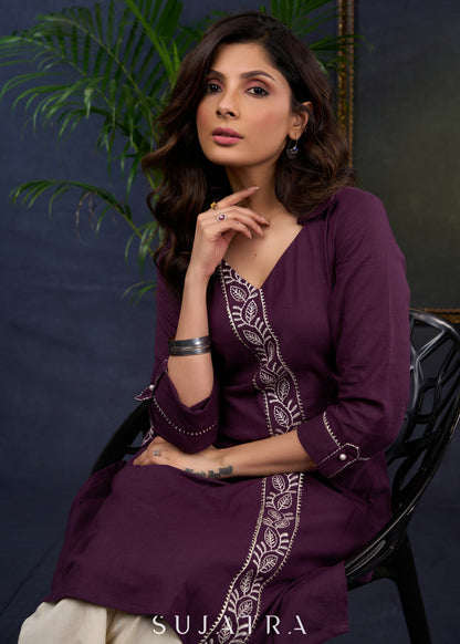 Stylish Asymmetrical Purple Cotton Tunic With Intricate Embroidery -Pant Optional