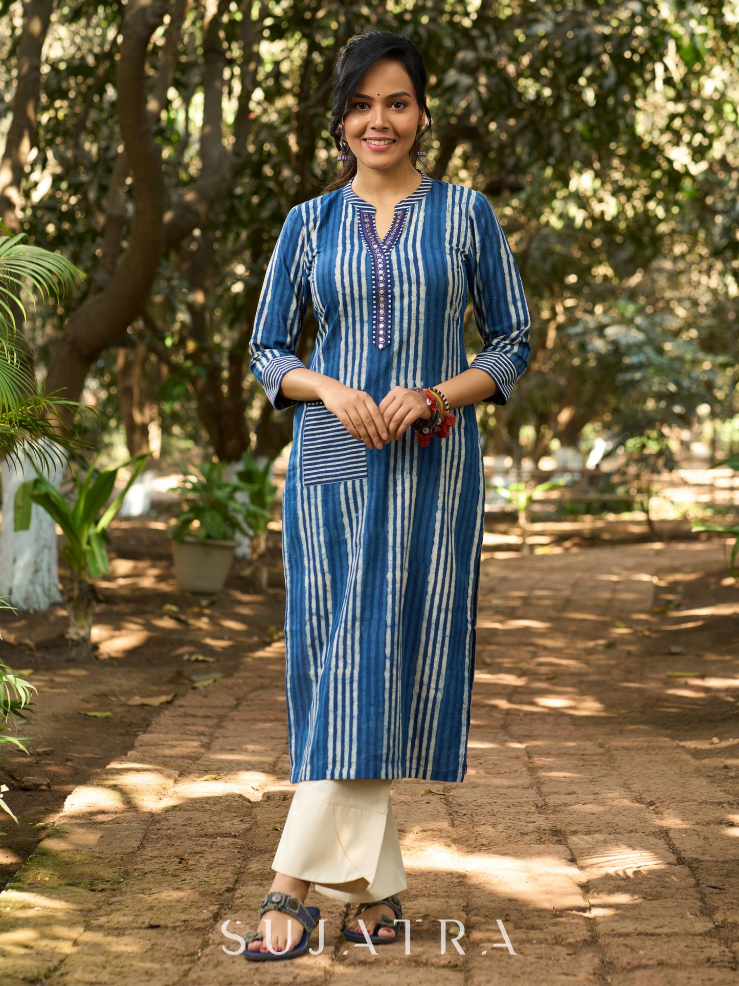 Classic Indigo Striped Kurta with Intricate Mirror Accents