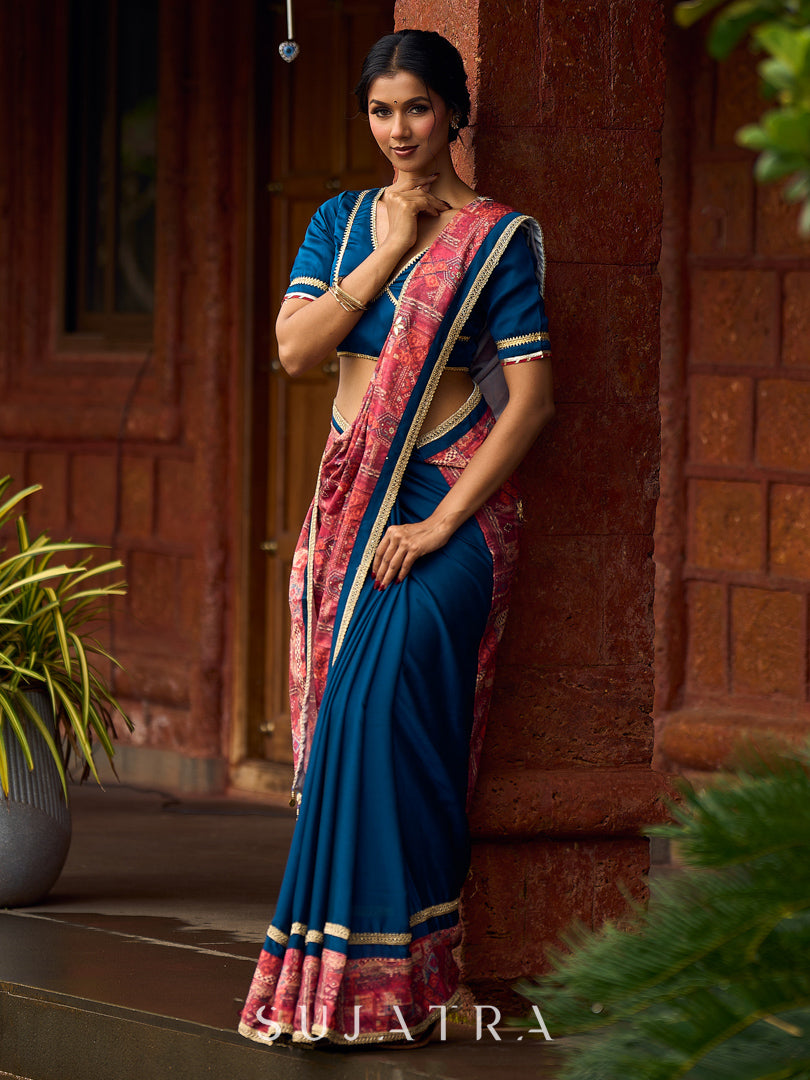 Elegant Navy Blue & Rust Half-and-Half Georgette Saree with Gotapatti Hand Embroidered Pallu