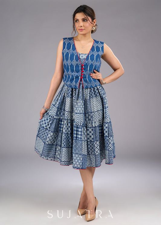 Celeste Blue V-Neck Cotton Sleeveless indigo Jacket - Dress optional