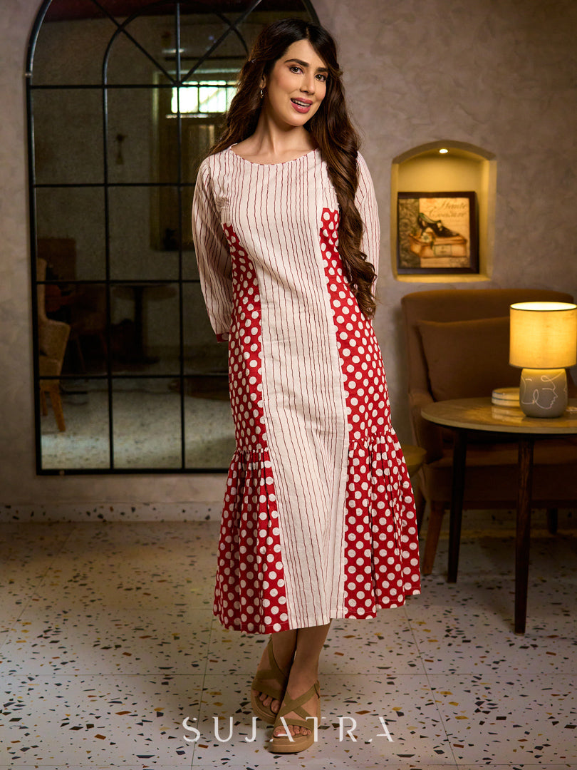 Retro White & Red Hand Block Printed Cotton Dress with Mixed Stripe & Dot Panels & Flounce Hem
