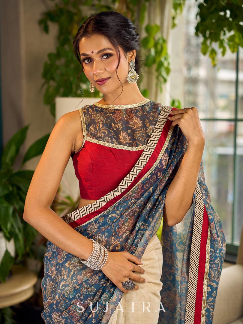 Flourishing Ivory Kalamkari Floral Chanderi Saree with Red Zari-Trimmed Hem & Chevron Border Accent