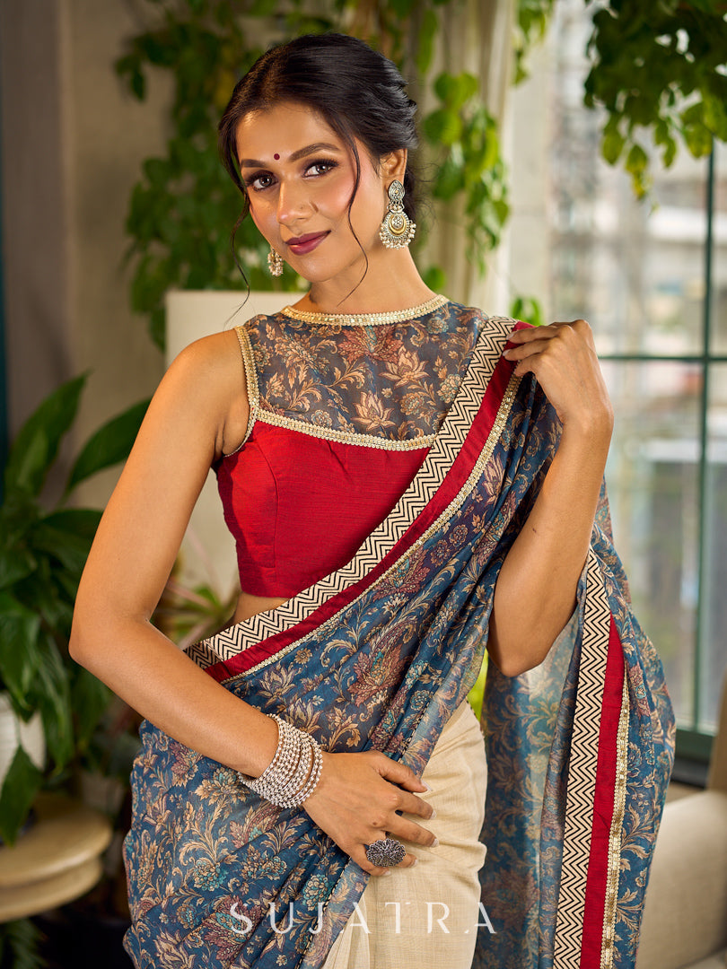 Flourishing Ivory Kalamkari Floral Chanderi Saree with Red Zari-Trimmed Hem & Chevron Border Accent