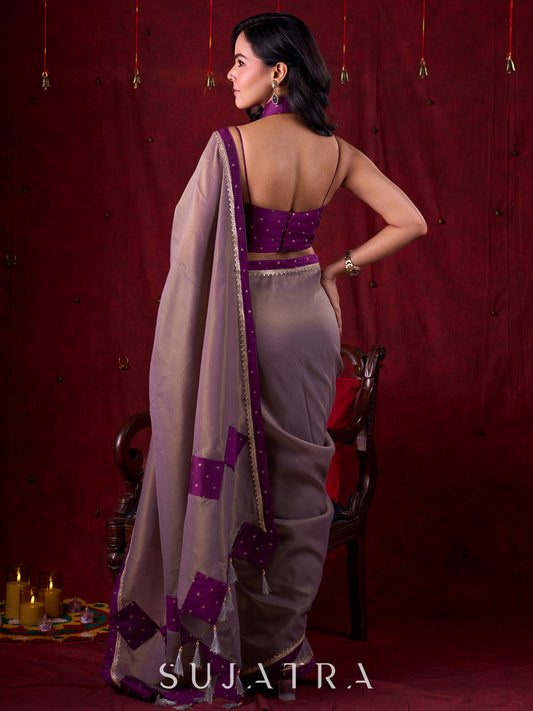 Lustrous Grey Silk Blend Saree with Chanderi Purple Border & Bold Statement Pallu