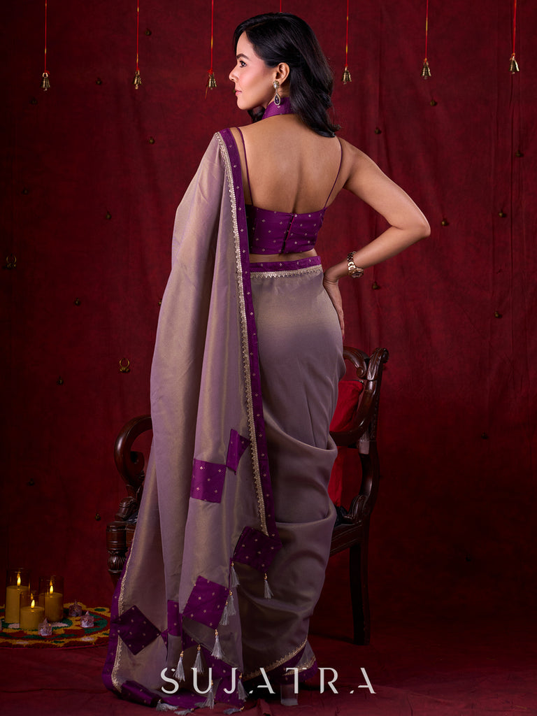 Purple Luxe Chanderi Silk Blouse with Sweetheart Neckline, Strappy Silhouette & Collar Neckpiece