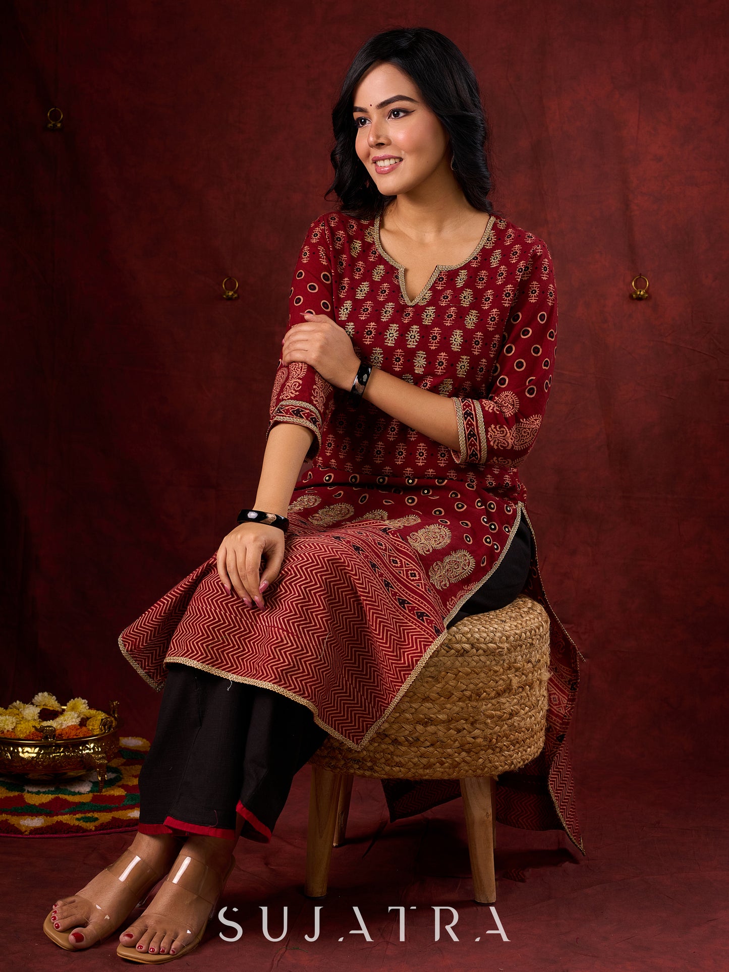 Classic Maroon Ajrakh Cotton Kurta with Minimalist Embroidery