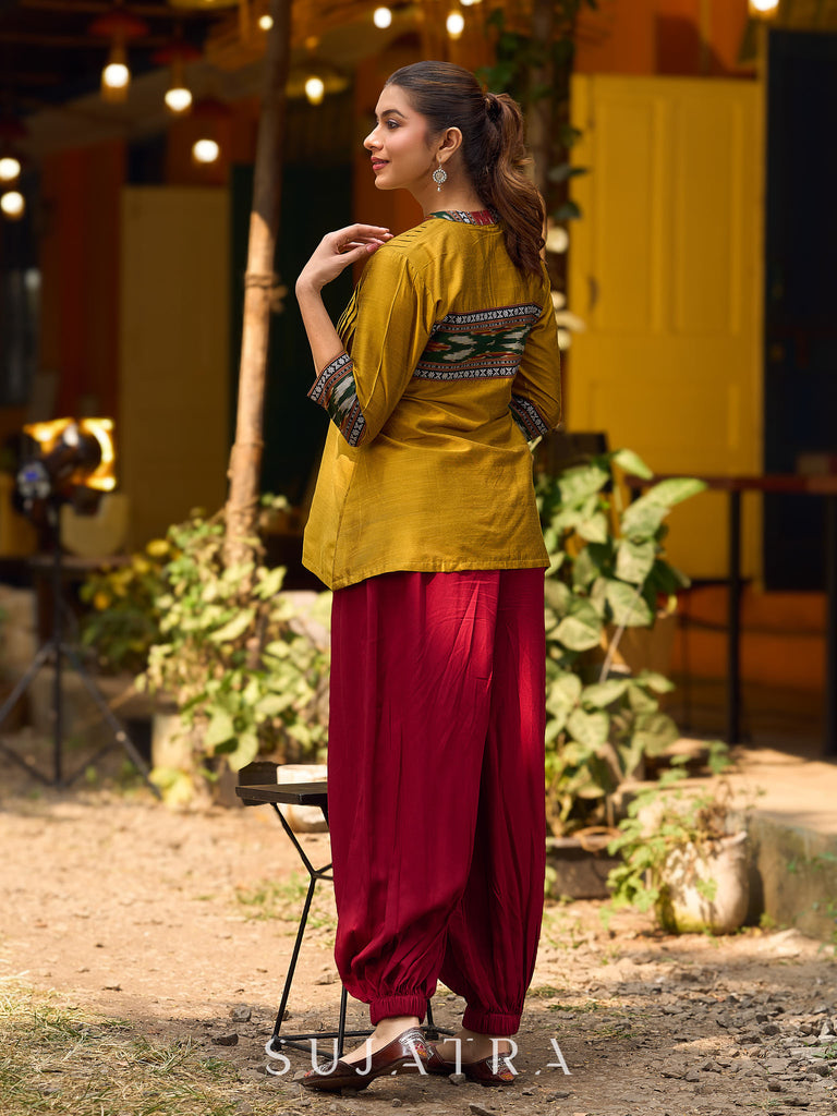 Mustard Cotton Silk Top With Pleated Yoke And Contrasting Ikat Detailing On Sleeves And Collar