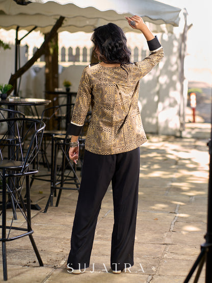 Earth Brown Ajrakh Cotton Shirt Featuring Statement Contrast Collar