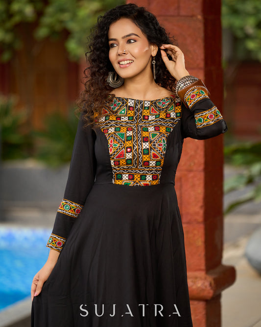 Black Flared Gown with Mirror Work Embellishments