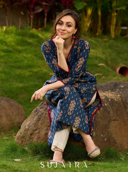 Contemporary Blue Ajrakh Print Kurta with Pleated Pintuck Detailing and Maroon Accents