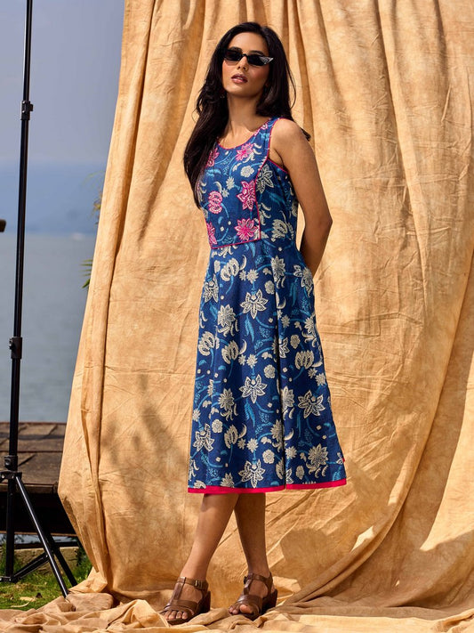 Navy Blue Indigo Cotton Dress With Pink Floral Embroidered Highlights