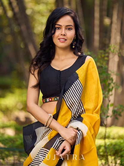 Elegant Geometric Printed Saree Crafted in Striking Mustard & Ivory Tones