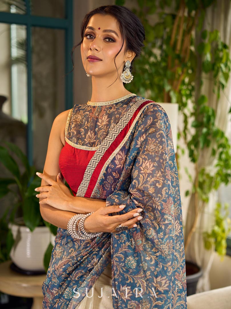 Flourishing Ivory Kalamkari Floral Chanderi Saree with Red Zari-Trimmed Hem & Chevron Border Accent