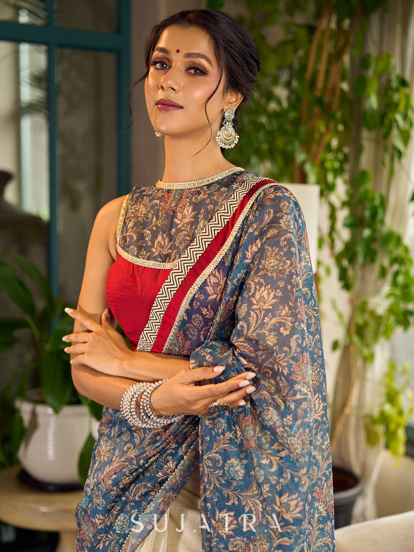 Flourishing Ivory Kalamkari Floral Chanderi Saree with Red Zari-Trimmed Hem & Chevron Border Accent