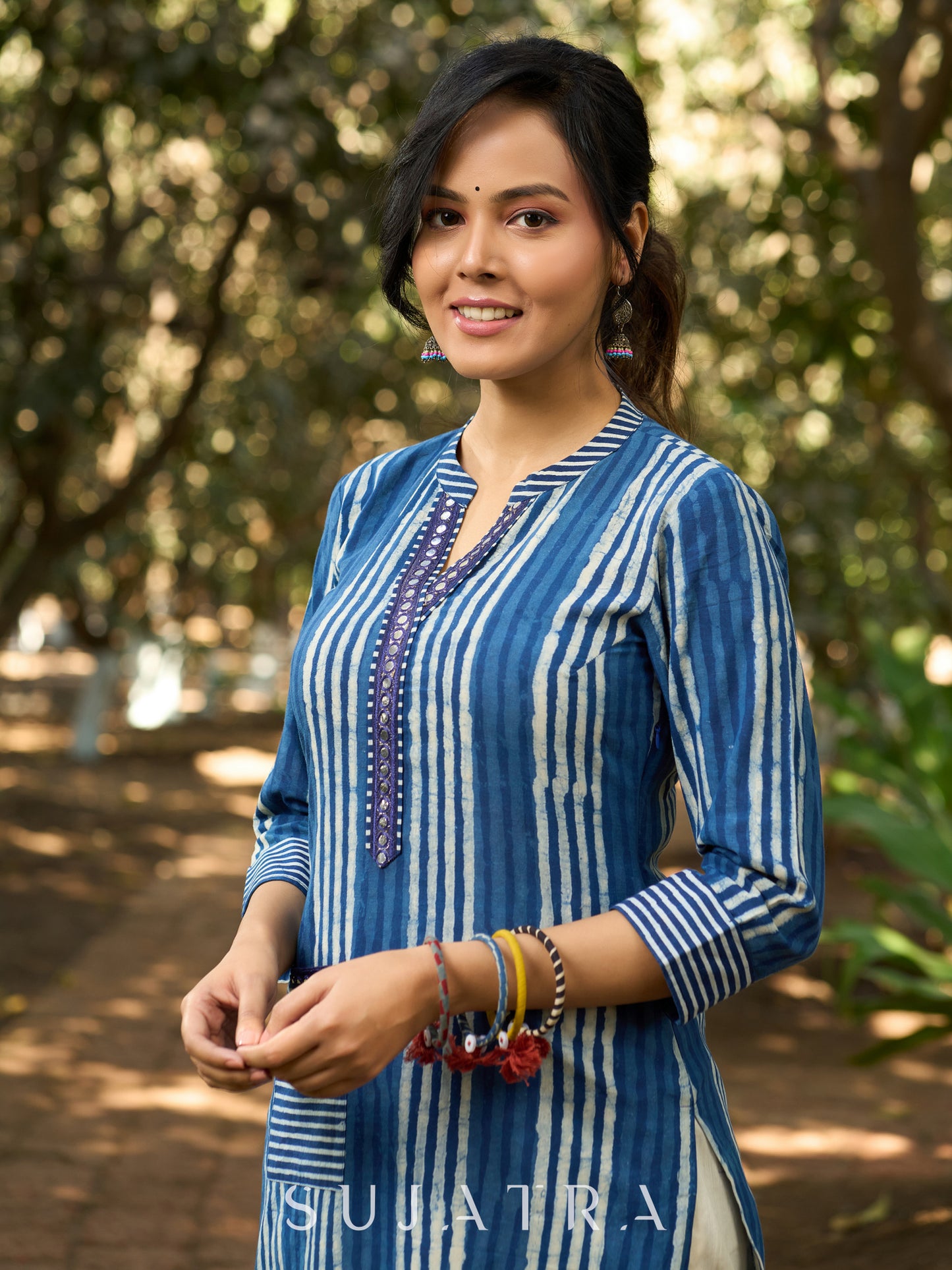 Classic Indigo Striped Kurta with Intricate Mirror Accents