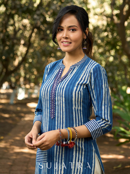 Classic Indigo Striped Kurta with Intricate Mirror Accents