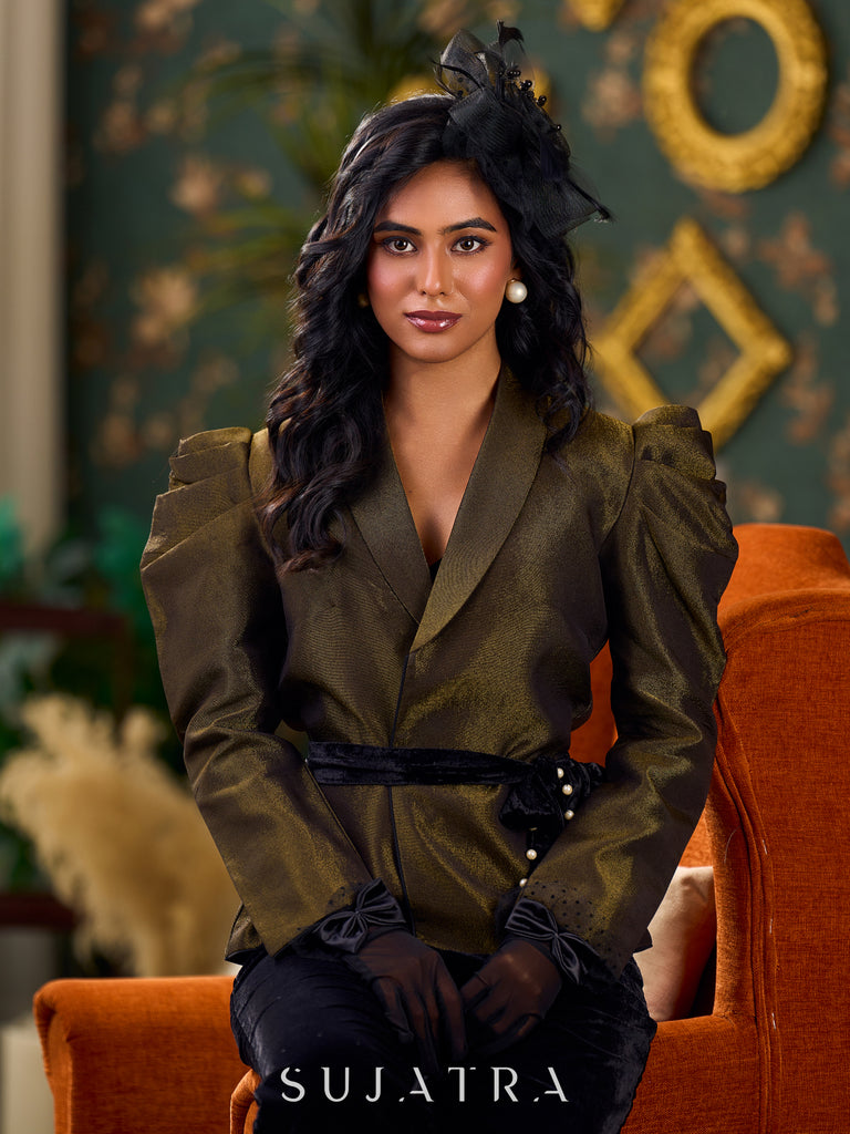 Graceful Black Tissue Shimmer Jacket with Dramatic Puffy Sleeves and Embellished Velvet Waist Belt