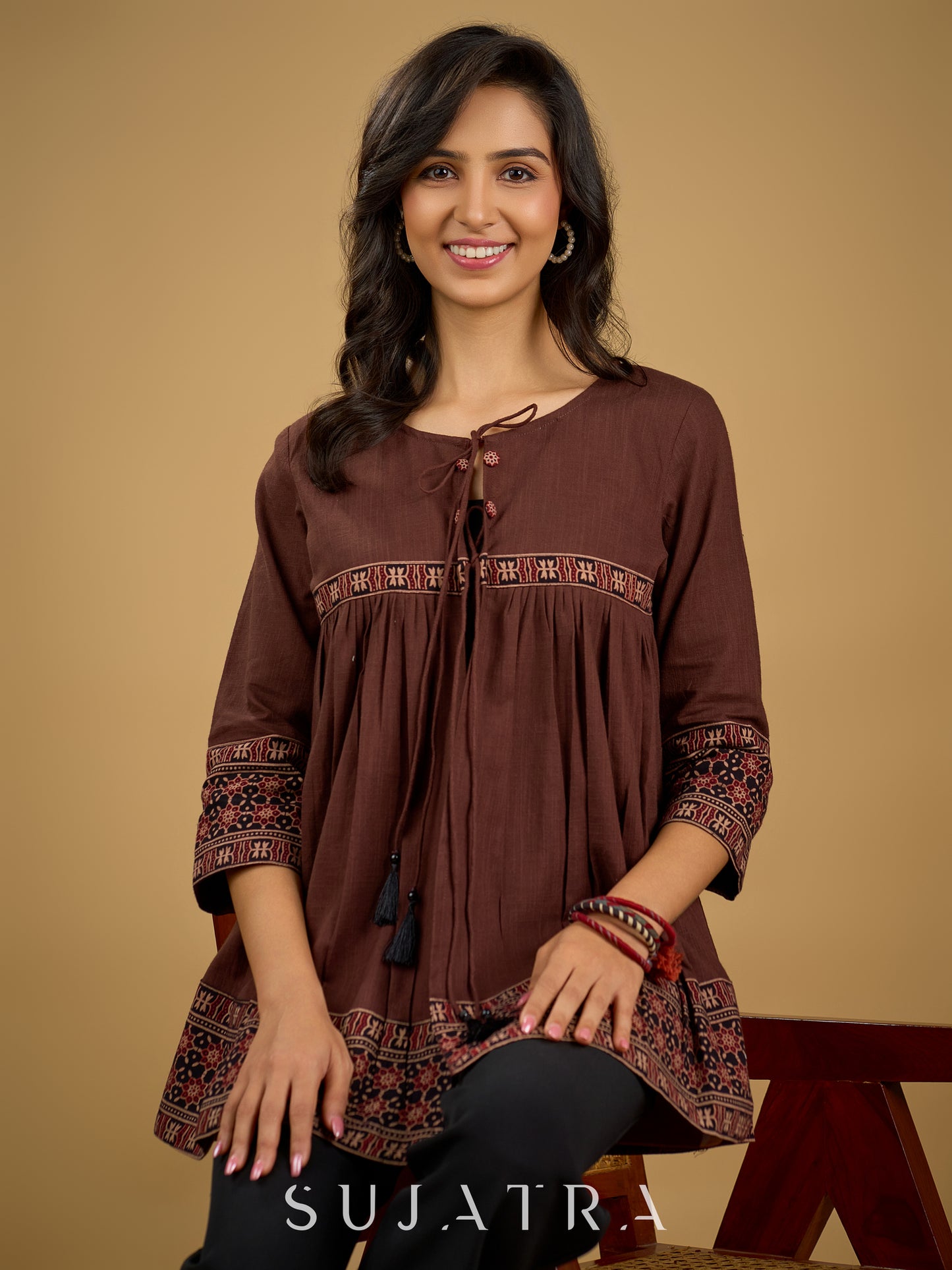 Beautiful  brown cotton ajrakh combination top