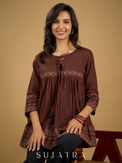 Beautiful  brown cotton ajrakh combination top