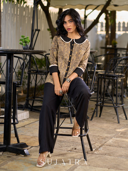 Earth Brown Ajrakh Cotton Shirt Featuring Statement Contrast Collar