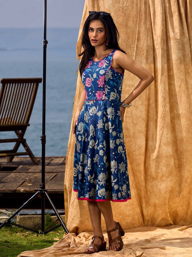 Navy Blue Indigo Cotton Dress With Pink Floral Embroidered Highlights