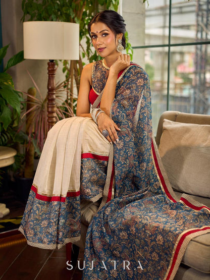 Flourishing Ivory Kalamkari Floral Chanderi Saree with Red Zari-Trimmed Hem & Chevron Border Accent