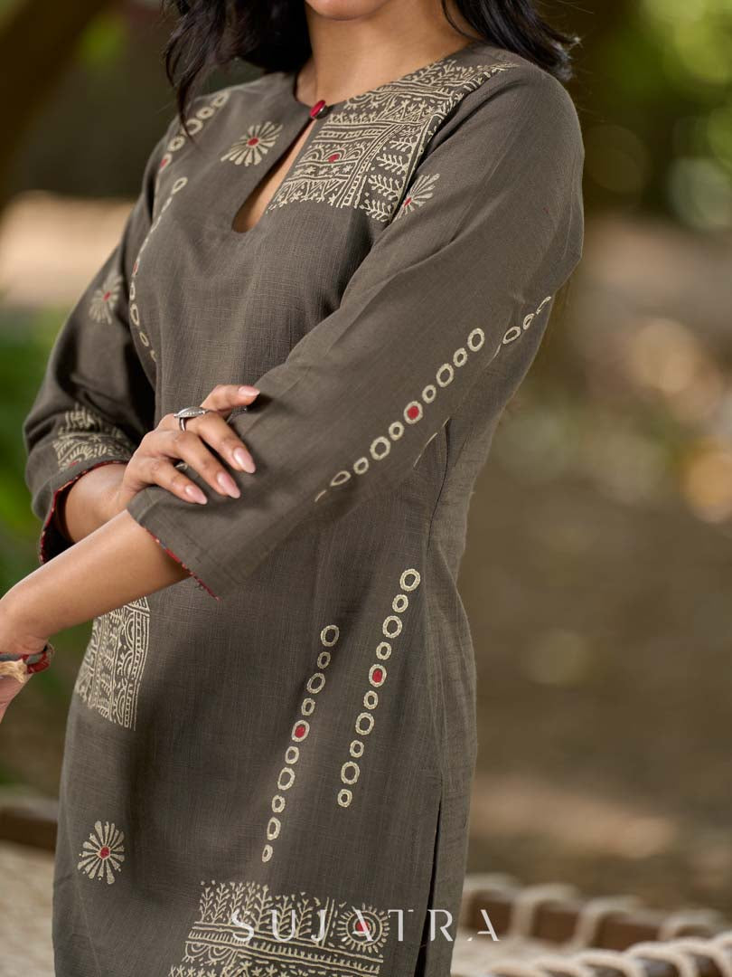 Chic Grey Cotton Kurta with Statement Abstract Hand Block Design