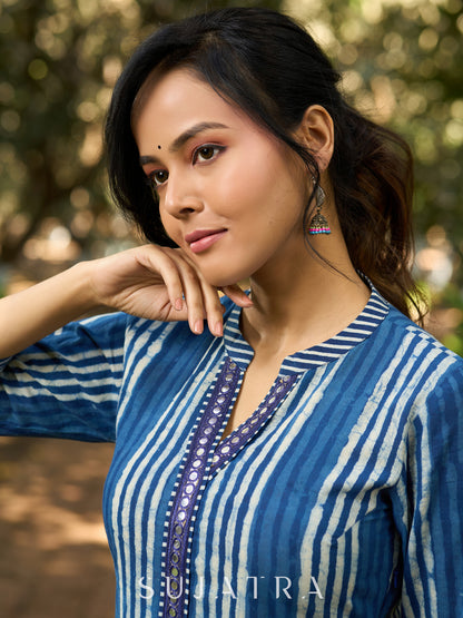 Classic Indigo Striped Kurta with Intricate Mirror Accents