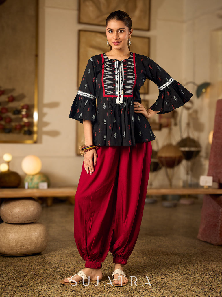 Contemporary Black Printed Cotton Top with Ikat Yoke and Flared Sleeves featuring Ikat Borders