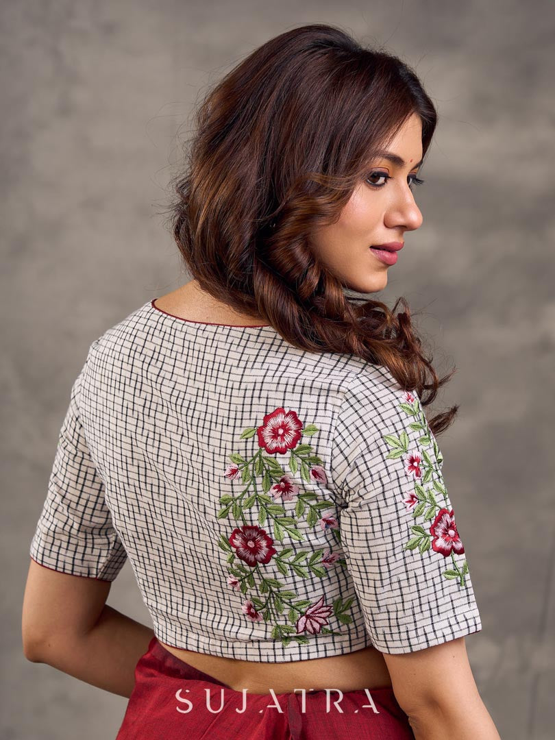 Off White Check Print Ikat Cotton Blouse with Embroidered Floral Sleeves