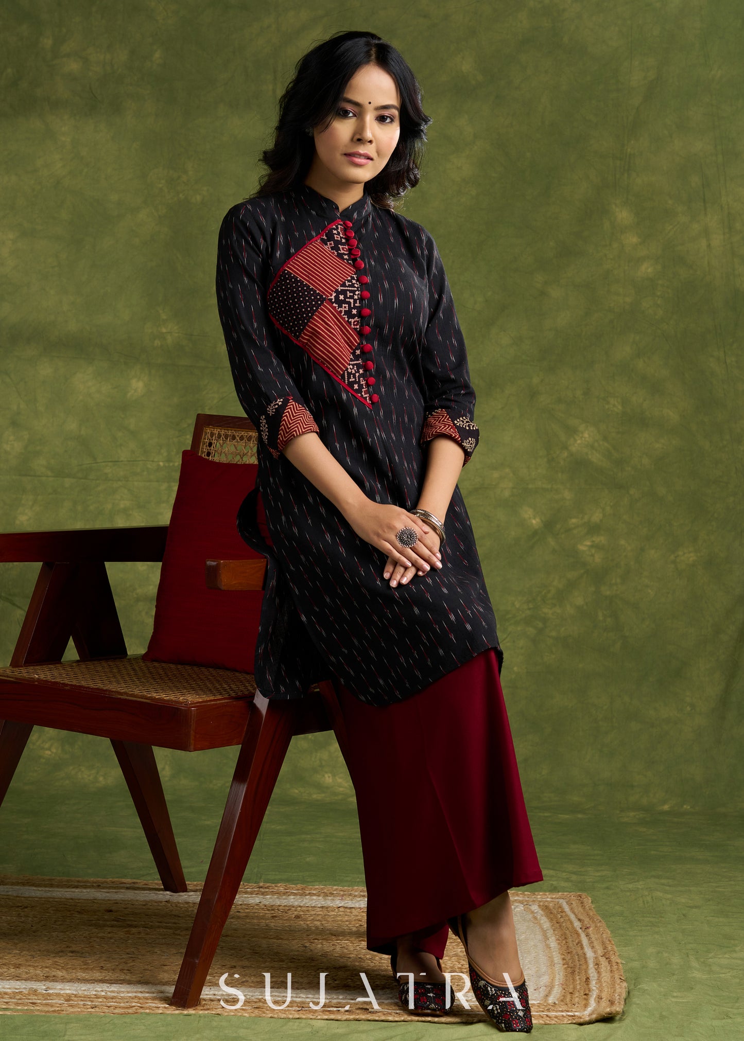 Smart Cotton Ikat Patch Work Kurta - Pant Optional