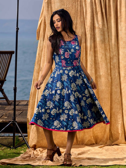 Navy Blue Indigo Cotton Dress With Pink Floral Embroidered Highlights