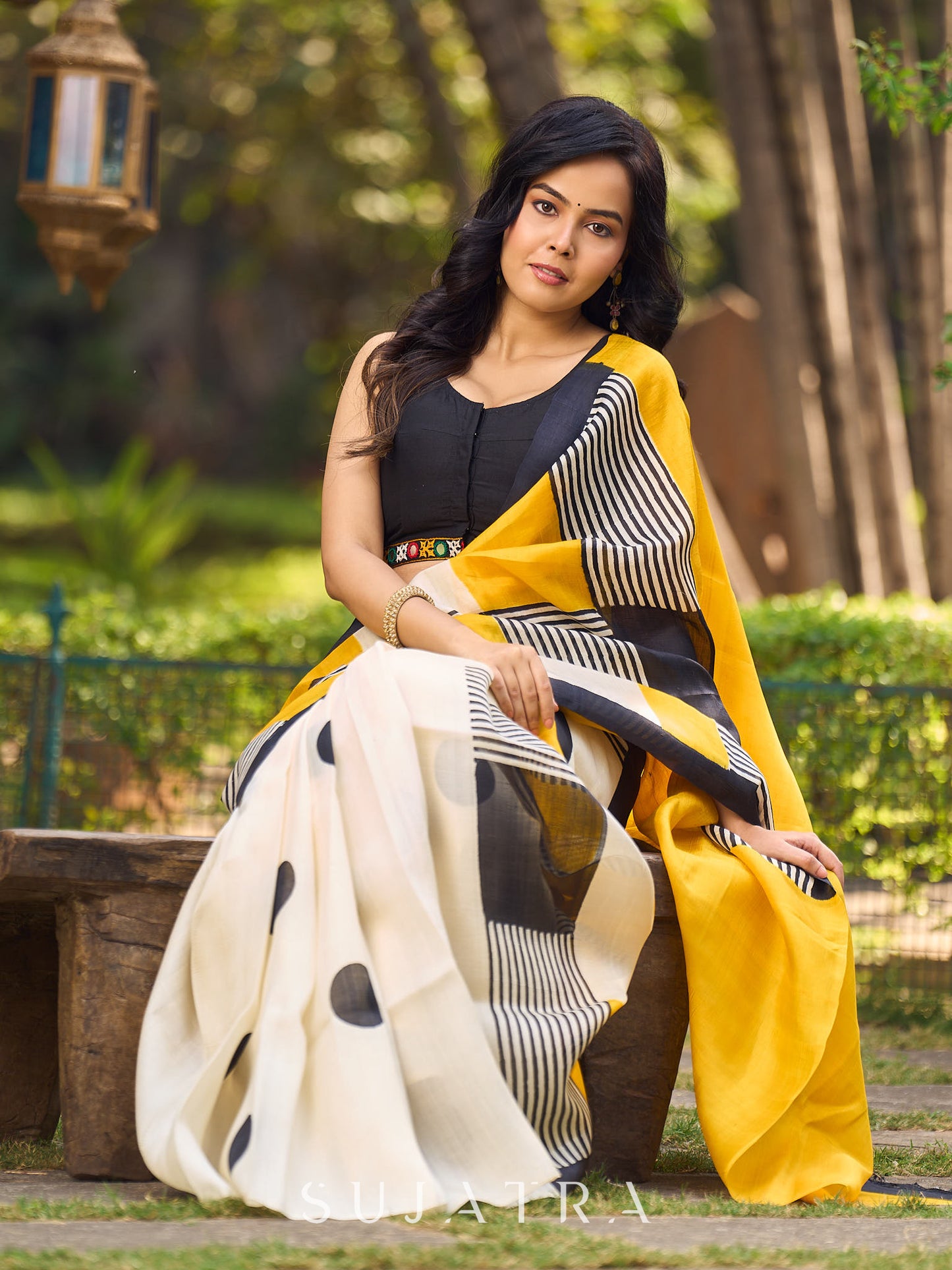 Elegant Geometric Printed Saree Crafted in Striking Mustard & Ivory Tones