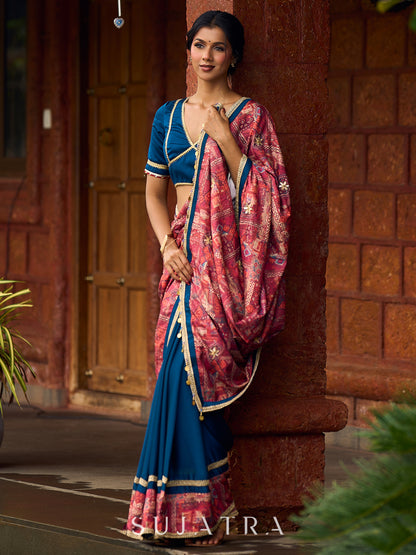 Elegant Navy Blue & Rust Half-and-Half Georgette Saree with Gotapatti Hand Embroidered Pallu