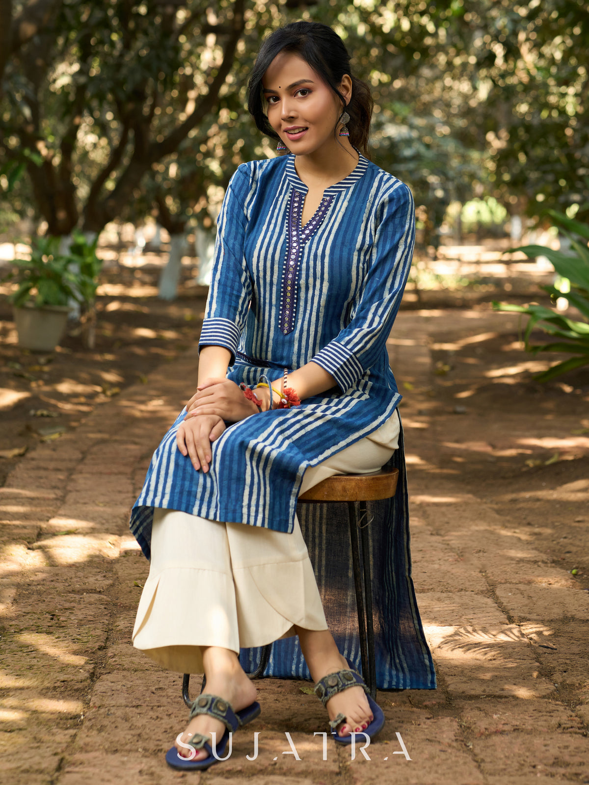 Dussehra Sale — Classic Indigo Striped Kurta with Intricate Mirror Accents - Pant Optional