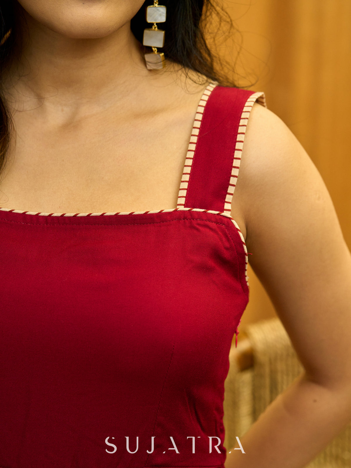 Maroon Mist Flared Rayon Dress with Contrast Ajrakh Piping