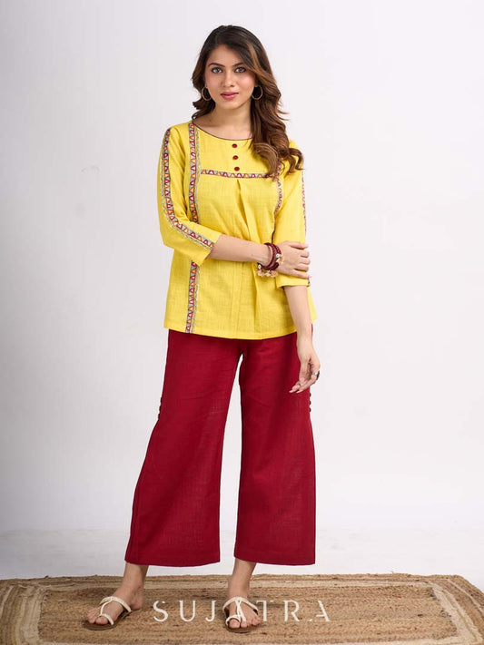 Sunshine Yellow Cotton Contemporary Top with Handcrafted Madhubani Border Highlights